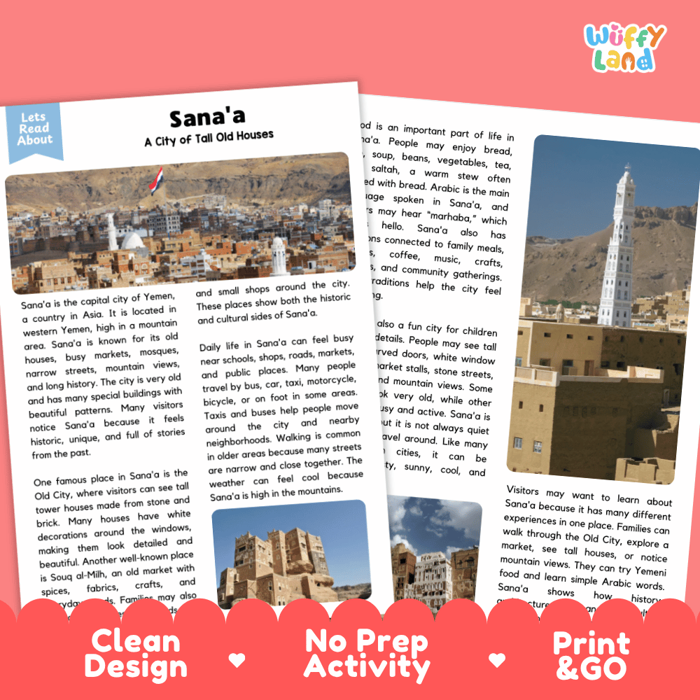 Reference sheet and answer key for Sana'a landmark reading passage displaying completed comprehension answers and Yemeni mountain geography facts