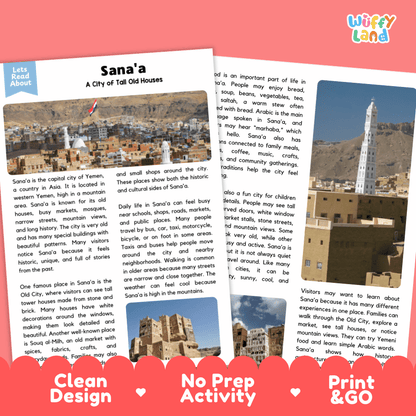 Reference sheet and answer key for Sana'a landmark reading passage displaying completed comprehension answers and Yemeni mountain geography facts