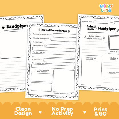 Sandpiper Animal Research Worksheets and Informational Fact Sheets