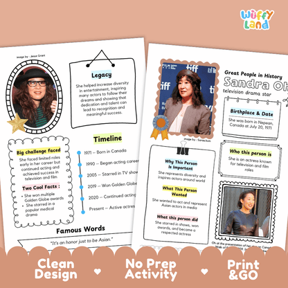 Educational biography summary worksheet featuring a chronological timeline, famous quote, and lined student writing page