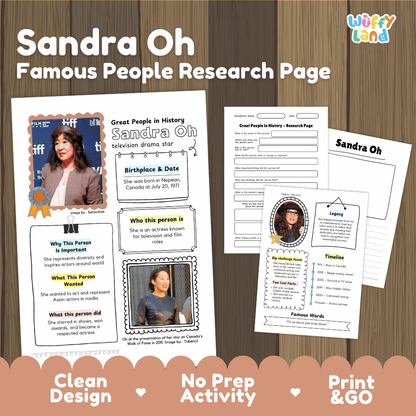 Sandra Oh biography research worksheets pack featuring graphic organizers, timeline activity, and student writing template