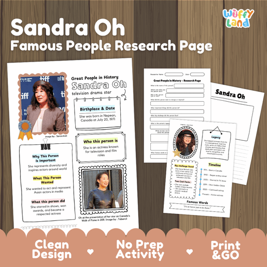 Sandra Oh biography research worksheets pack featuring graphic organizers, timeline activity, and student writing template
