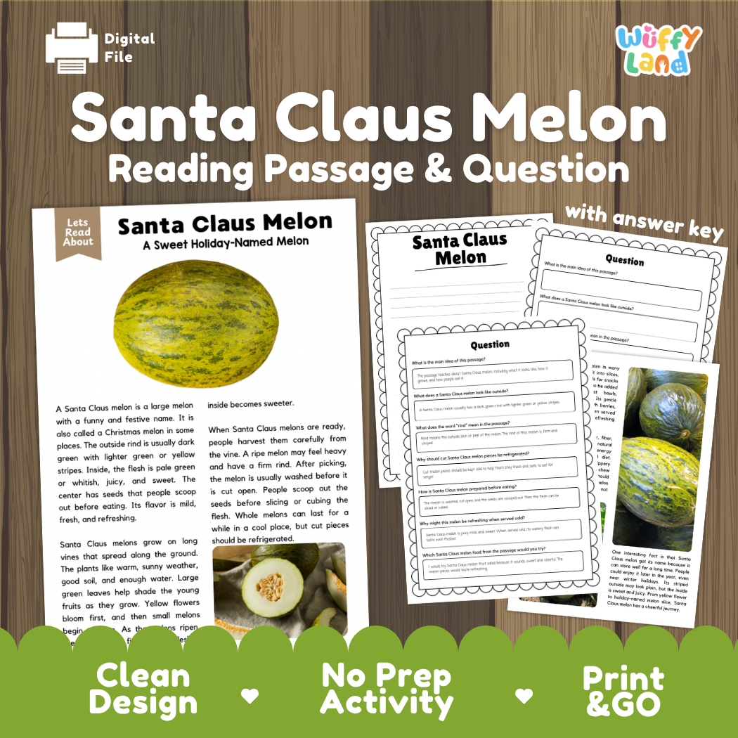 Santa Claus Melon reading comprehension passage and questions printable activity pack with answer key for elementary students