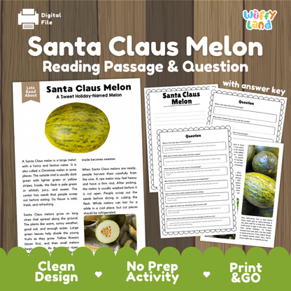 Santa Claus Melon reading comprehension passage and questions printable activity pack with answer key for elementary students