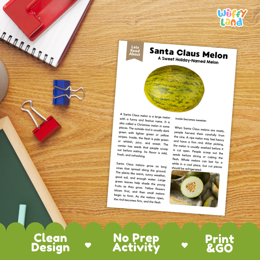 Student reading comprehension worksheet with short-answer questions and lined sections about the Santa Claus melon fruit