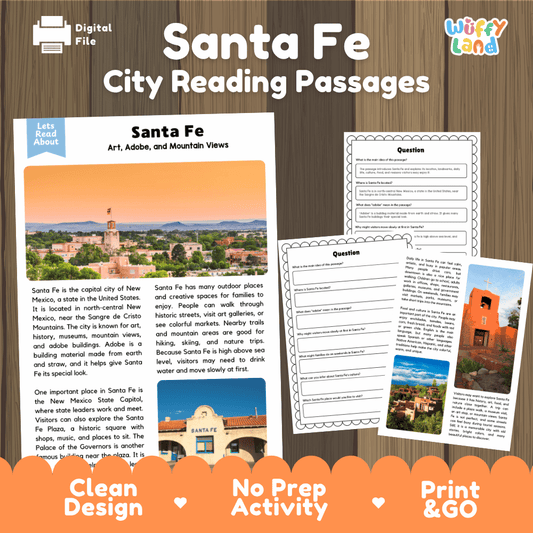 Santa Fe city reading passages and comprehension worksheet educational unit featuring nonfiction text and authentic Santa Fe New Mexico skyline photography