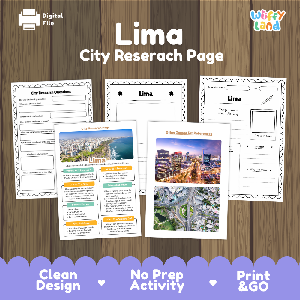 A digital product preview for a 'Lima City Research Page' activity sheet by Wiffy Land, displayed on a brown wood-grain background with a purple banner at the bottom highlighting key features like 'Clean Design', 'No Prep Activity', and 'Print & GO'.