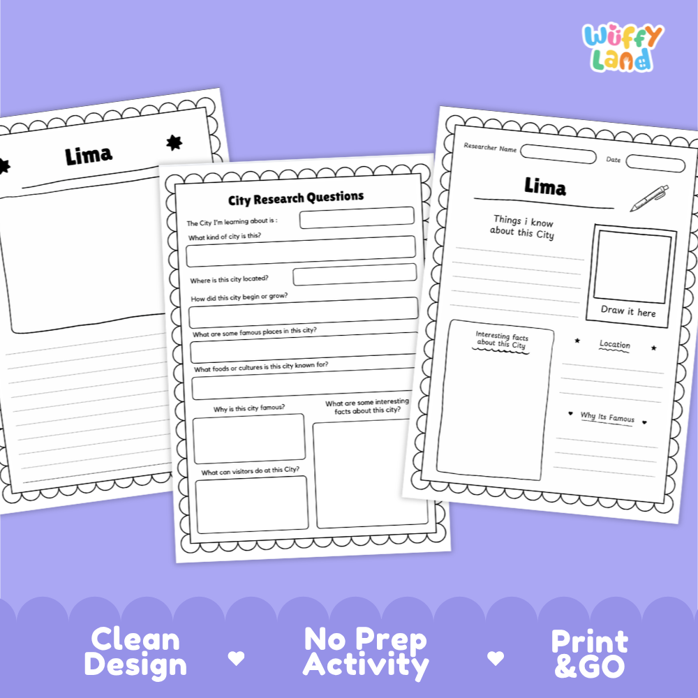 Three printable city research activity sheets for Lima, shown on a lavender background with the Wiffy Land logo. The sheets are black and white with lined writing areas, question prompts, and drawing boxes.