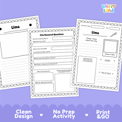 Three printable city research activity sheets for Lima, shown on a lavender background with the Wiffy Land logo. The sheets are black and white with lined writing areas, question prompts, and drawing boxes.