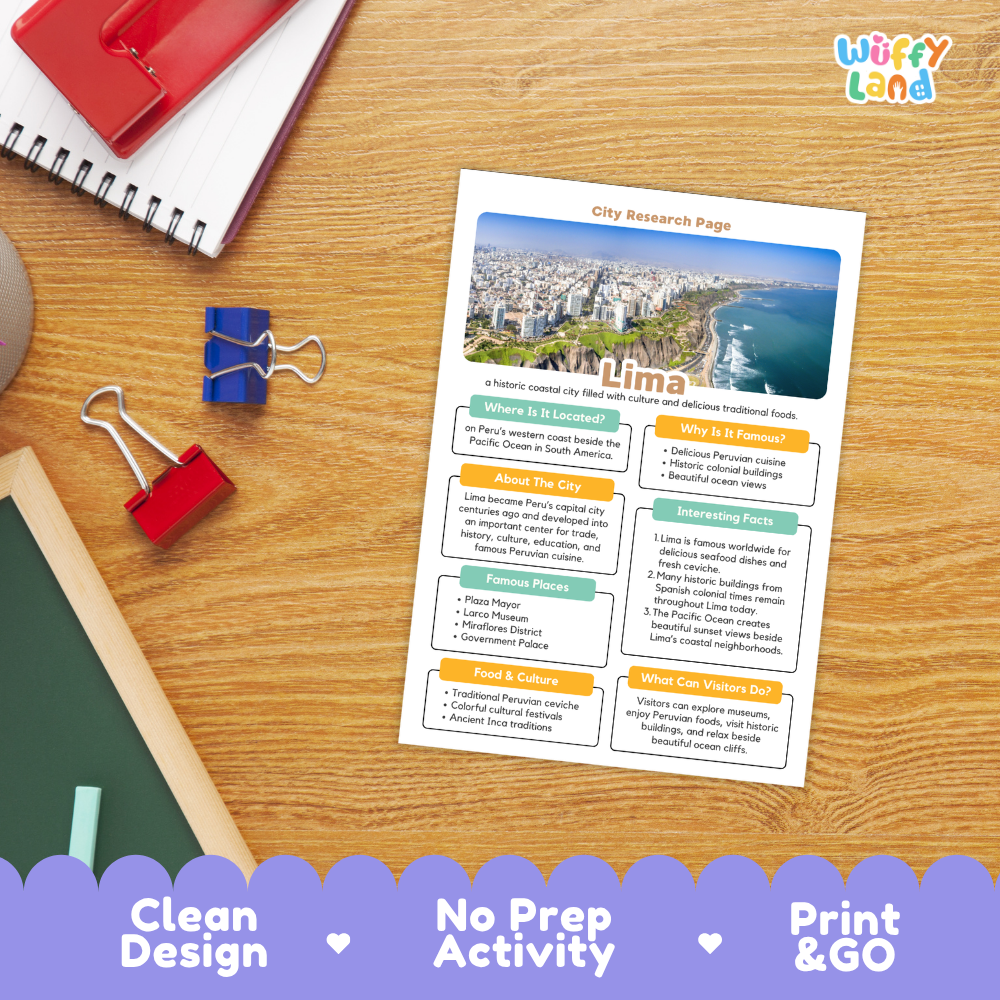 A printed city research page about Lima, Ecuador, displayed on a wooden desk with school supplies. The page includes a photo of the city skyline and ocean, with labeled sections such as 'Where Is It Located,' 'Why Is It Remnant,' 'About The City,' 'Interesting Facts,' 'Famous Places,' 'Food & Culture,' and 'What Can You Do There?' A 'Wiffly land' logo appears in the top right, and a purple banner at the bottom reads 'Clean Design,' 'No Prep Activity,' and 'Print & GO.