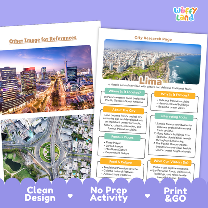 Two printed informational travel poster designs shown on a purple background. The left sheet has a cityscape photo at the top and a large map at the bottom with the heading 'Other Image for References.