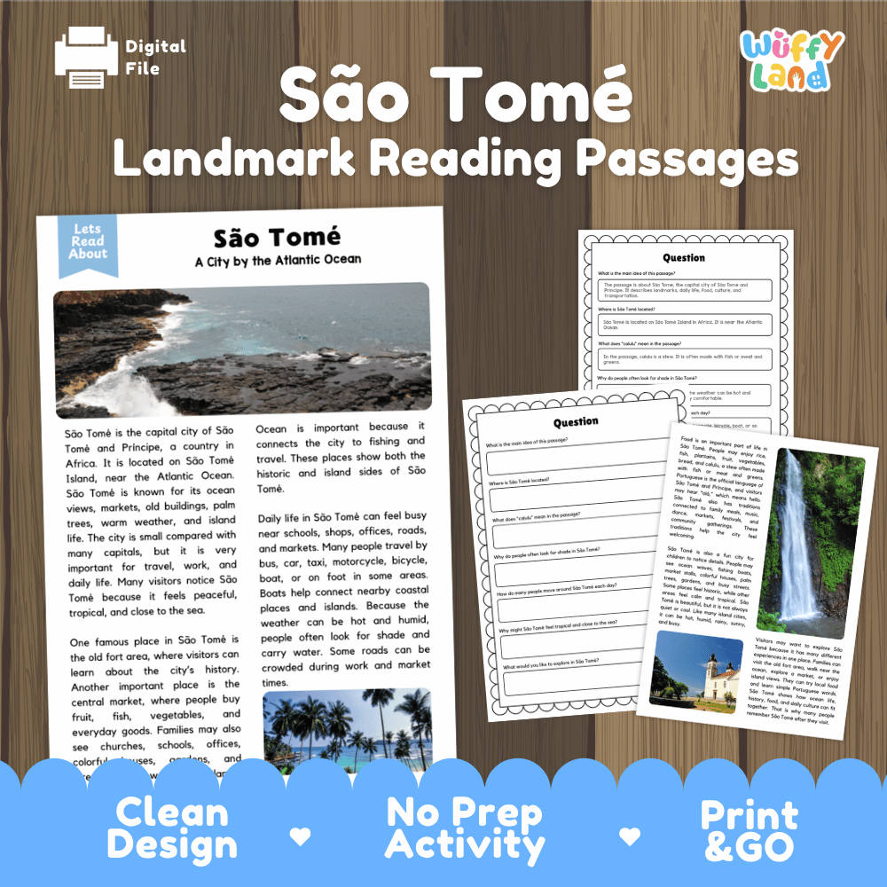 Sao Tome landmark reading passage and comprehension worksheet educational unit featuring nonfiction text and authentic Sao Tome Atlantic coast photography