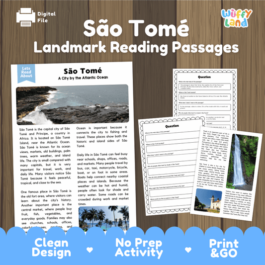 Sao Tome landmark reading passage and comprehension worksheet educational unit featuring nonfiction text and authentic Sao Tome Atlantic coast photography