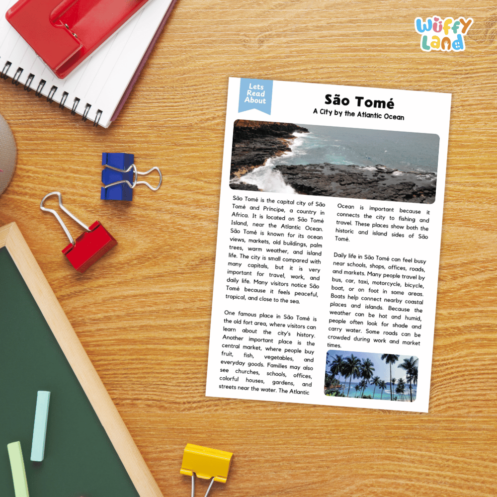 Lined reading comprehension question worksheet covering main ideas vocabulary terms and landmark facts about Sao Tome Africa