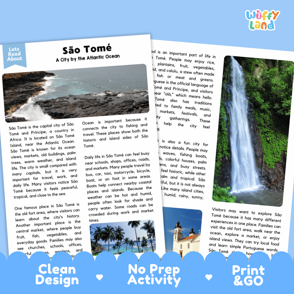 Reference sheet and answer key for Sao Tome landmark reading passage displaying completed comprehension answers and African geography facts