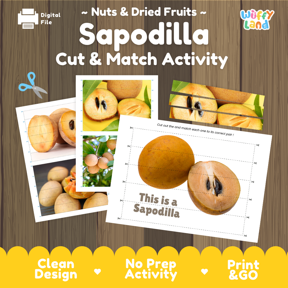 Sapodilla cut and match activity cover showing printable fine motor puzzle sheets and fruit photographs