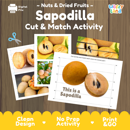 Sapodilla cut and match activity cover showing printable fine motor puzzle sheets and fruit photographs