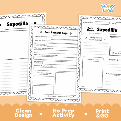 Three printable educational activity sheets for fruit research are displayed on a peach background with promotional text at the bottom. The sheets include templates titled 'Sapodilla' and 'Fruit Research Page' with black printed lines and text on white paper.