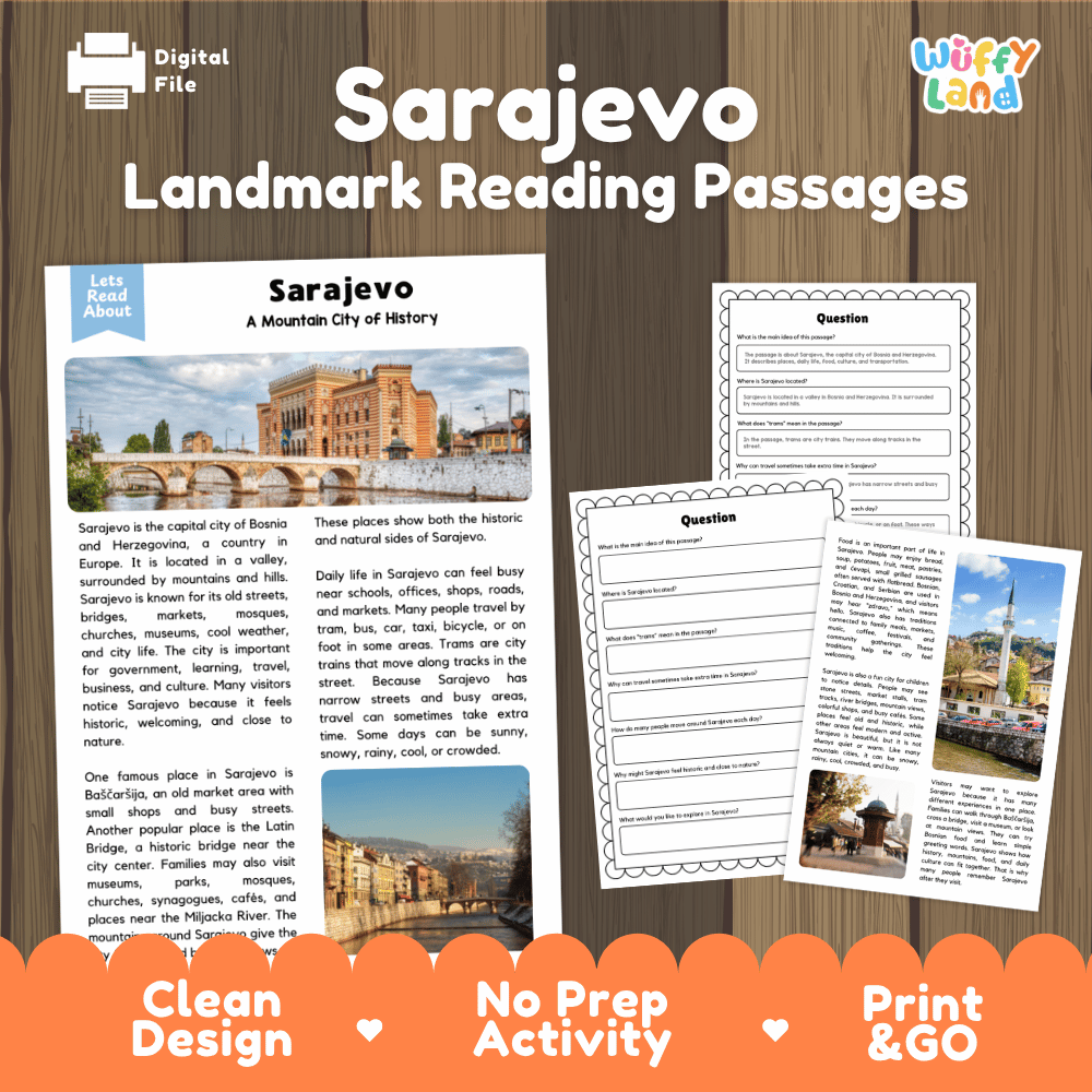 Sarajevo landmark reading passages educational unit featuring nonfiction text and authentic Sarajevo mountain valley and bridge photography