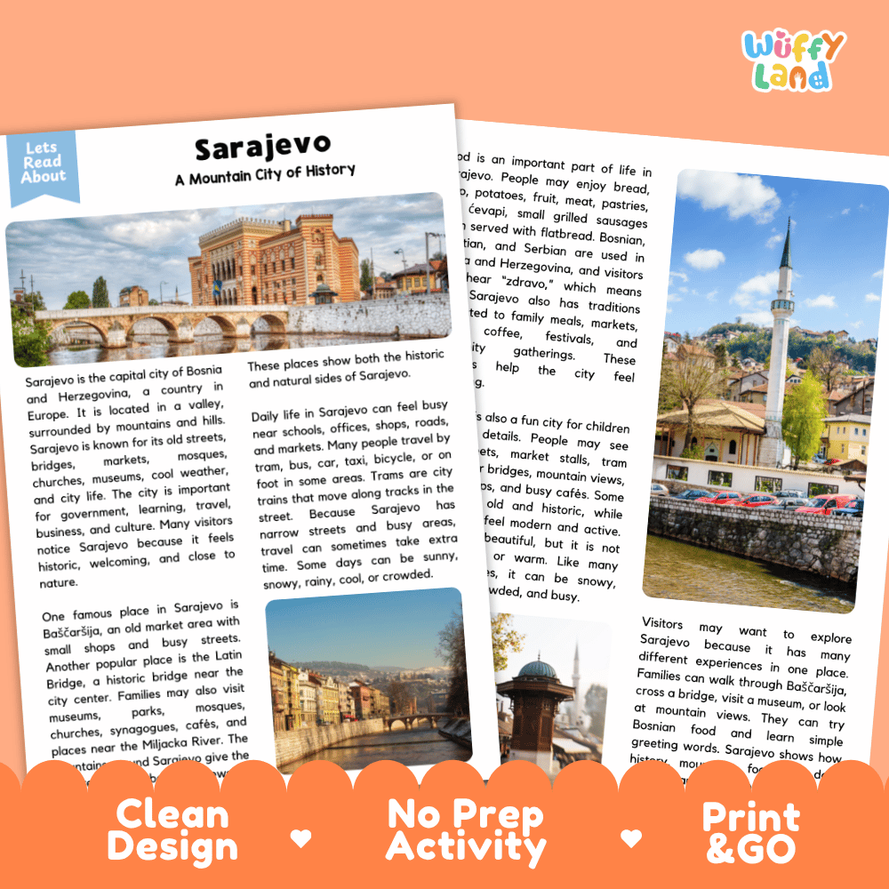 Reference sheet and answer key for Sarajevo landmark reading passage displaying completed comprehension answers and European geography facts