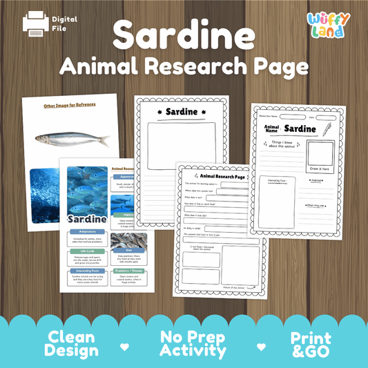 Sardine Animal Research Page activity sheet set by Wuffy Land, shown as a digital file on a wood-grain background. The layout includes a reference card with a sardine photo and text, and several worksheet pages with writing and labeling sections.
