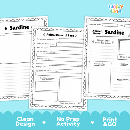 Sardine Animal Research Project Worksheets and Fact Sheet Activity
