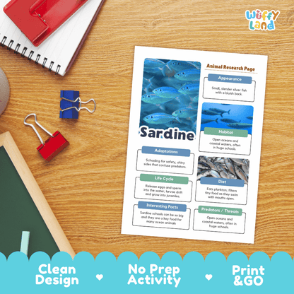 Sardine Animal Research Project Worksheets and Fact Sheet Activity