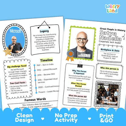Educational biography summary worksheet featuring a chronological timeline, famous quote, and lined student writing page