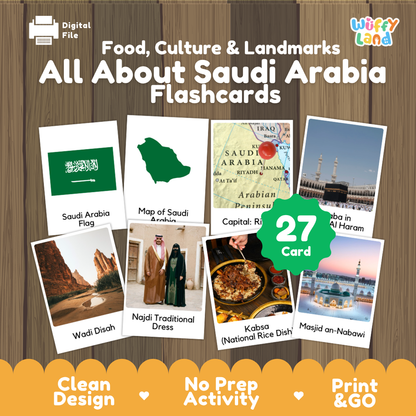 Get to know Saudi Arabia coloring poster paired with photo flashcards of Wadi Disah, Najdi dress, Kabsa, and Masjid an-Nabawi