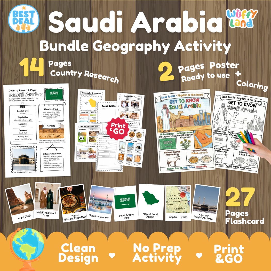 Saudi Arabia geography activity bundle cover showing 14 country research pages, 2 ready to use coloring posters, and 27 photo flashcards