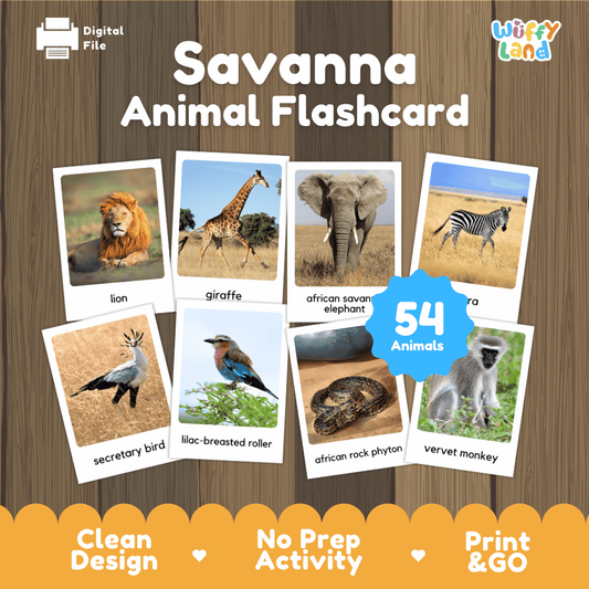 Savanna Animal Flashcard printable wildlife real photo activity pack overview from Wuffy Land featuring 54 animals 🦁🦒