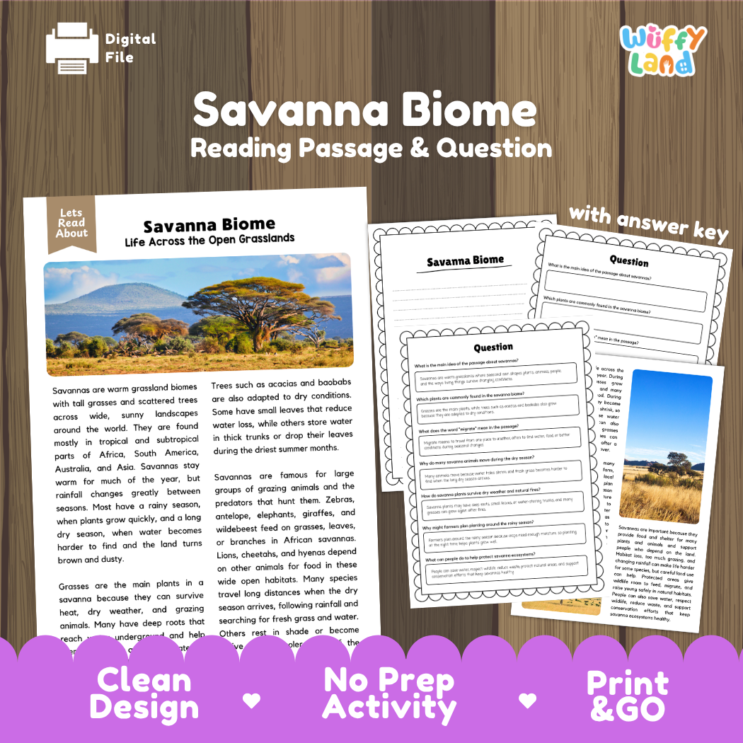 Savanna Biome reading comprehension passage and questions printable activity pack with answer key for elementary students