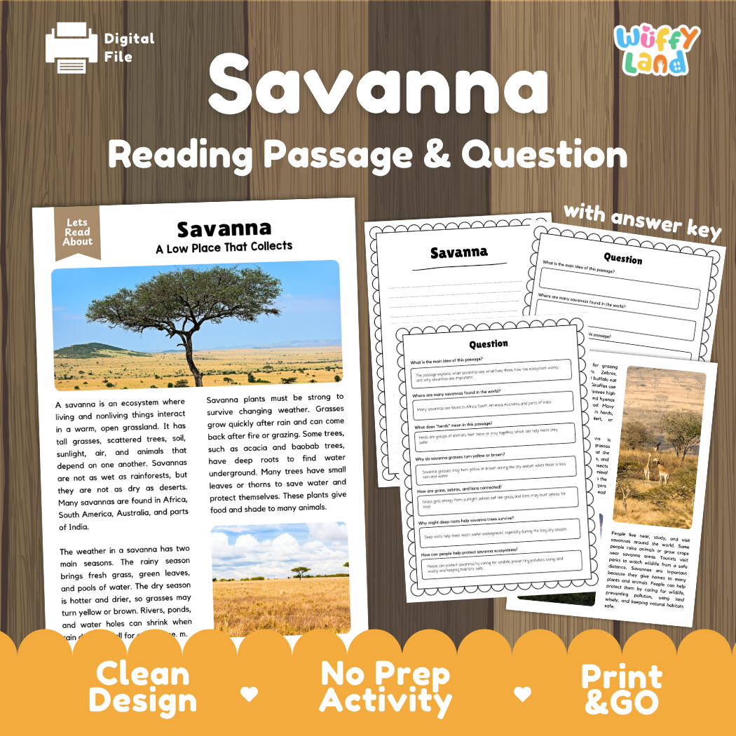 Savanna biome reading comprehension passage and questions printable activity pack with answer key for elementary students