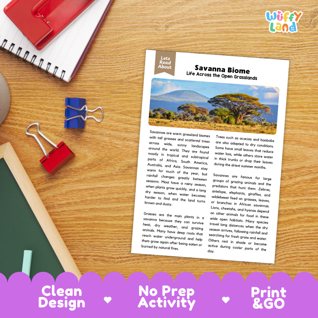 Student reading comprehension worksheet with short-answer questions and lined sections about the savanna biome