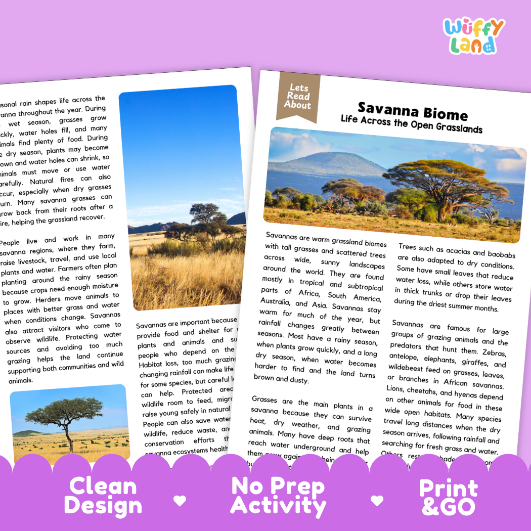 Teacher answer key page showing complete question solutions for Savanna Biome Earth science and biology reading comprehension practice