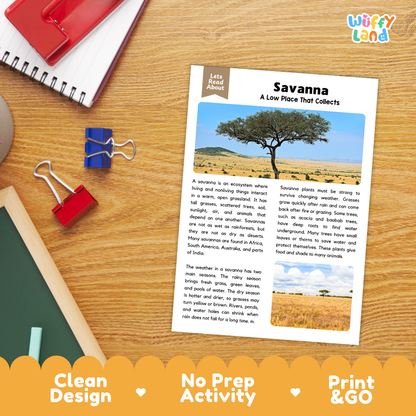 Student reading comprehension worksheet with short-answer questions and handwriting lines about the savanna