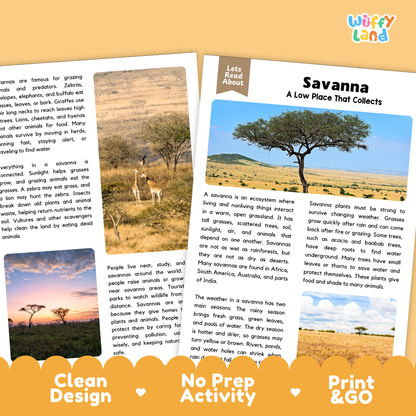Teacher answer key page showing complete question solutions for savanna reading comprehension practice