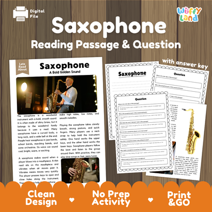 Saxophone reading comprehension passage and questions printable activity pack with answer key for elementary students