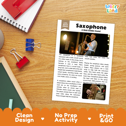 Student reading comprehension worksheet with short-answer questions and lined sections about the saxophone