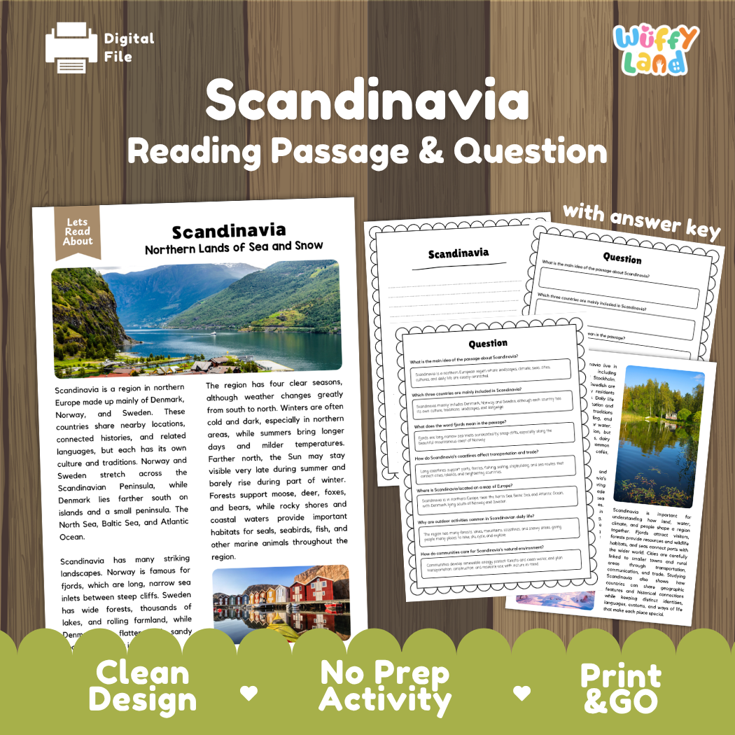Scandinavia reading comprehension passage and questions printable activity pack with answer key for elementary students