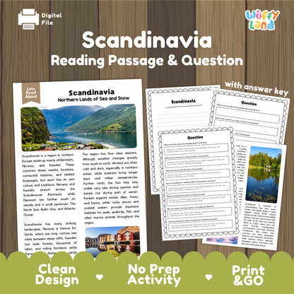 Scandinavia reading comprehension passage and questions printable activity pack with answer key for elementary students