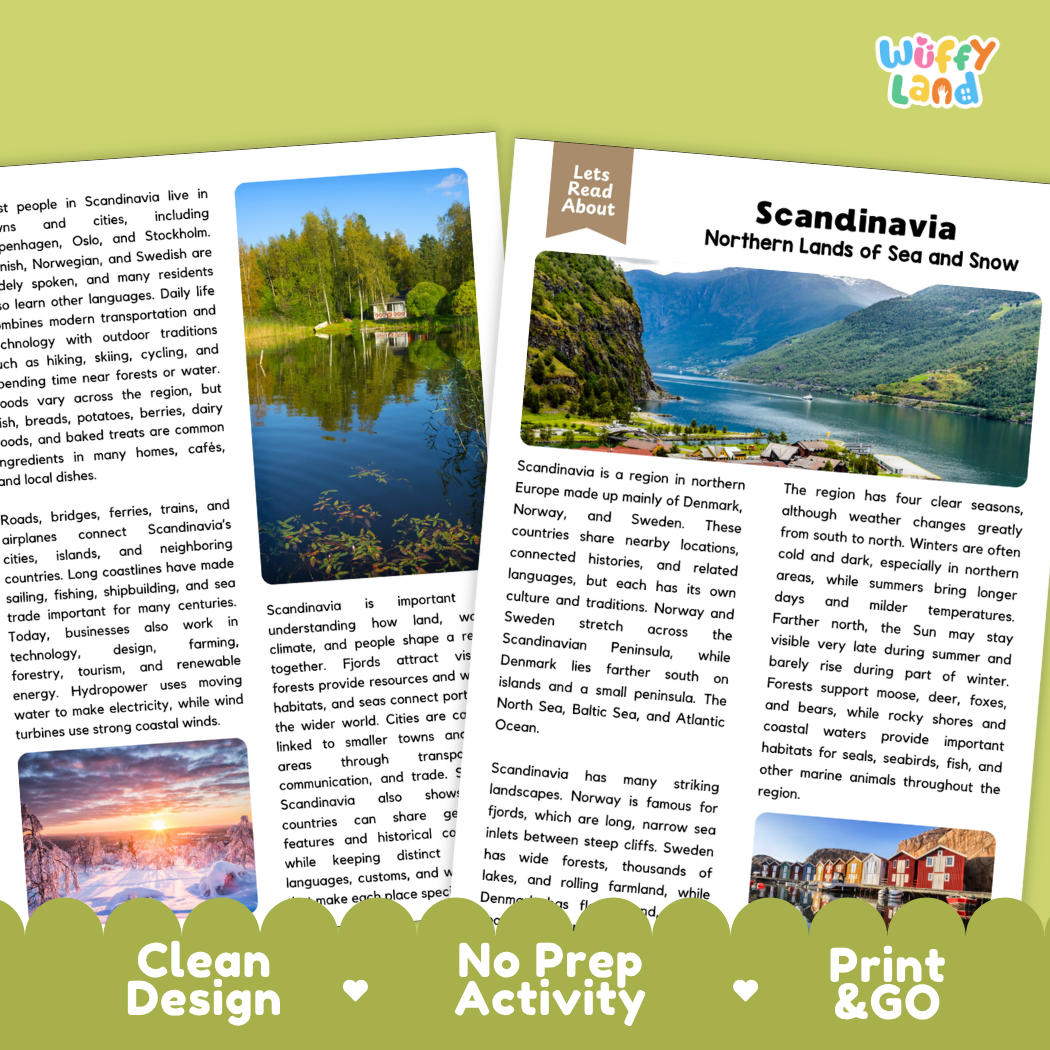 Teacher answer key page showing complete question solutions for Scandinavia European geography reading comprehension practice