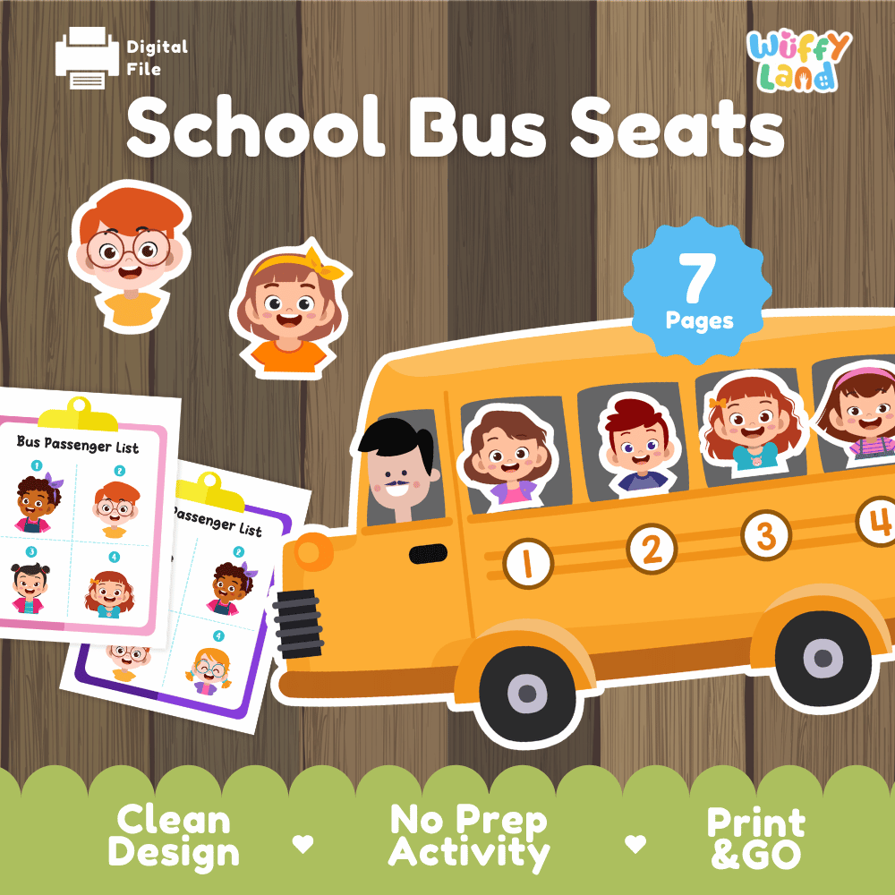 School bus seats printable counting number matching activity pack overview from Wuffy Land featuring 7 activity pages 🚌🎒