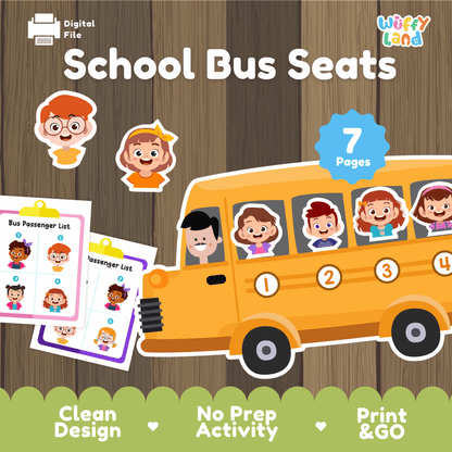 School bus seats printable counting number matching activity pack overview from Wuffy Land featuring 7 activity pages 🚌🎒