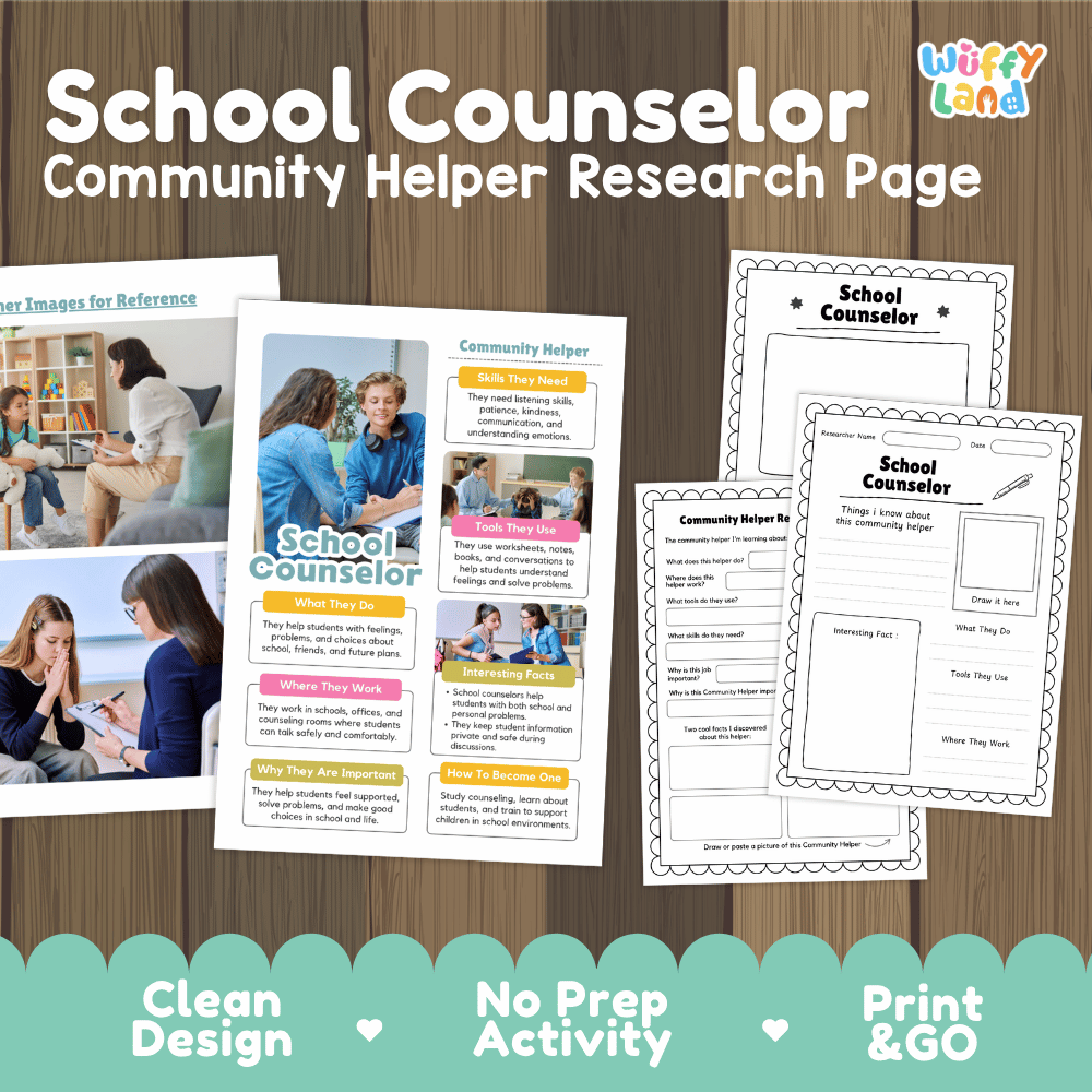 School counselor community helper research page writing worksheets pack featuring real photos and student activity pages for elementary social studies
