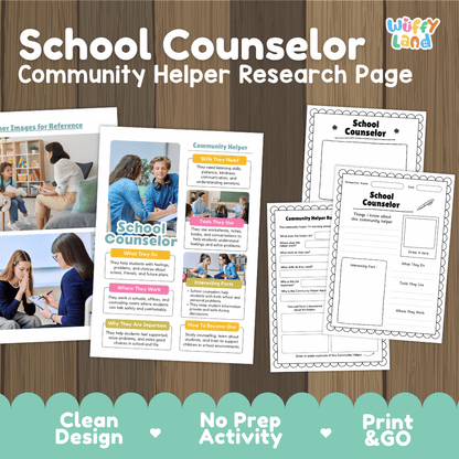 School counselor community helper research page writing worksheets pack featuring real photos and student activity pages for elementary social studies