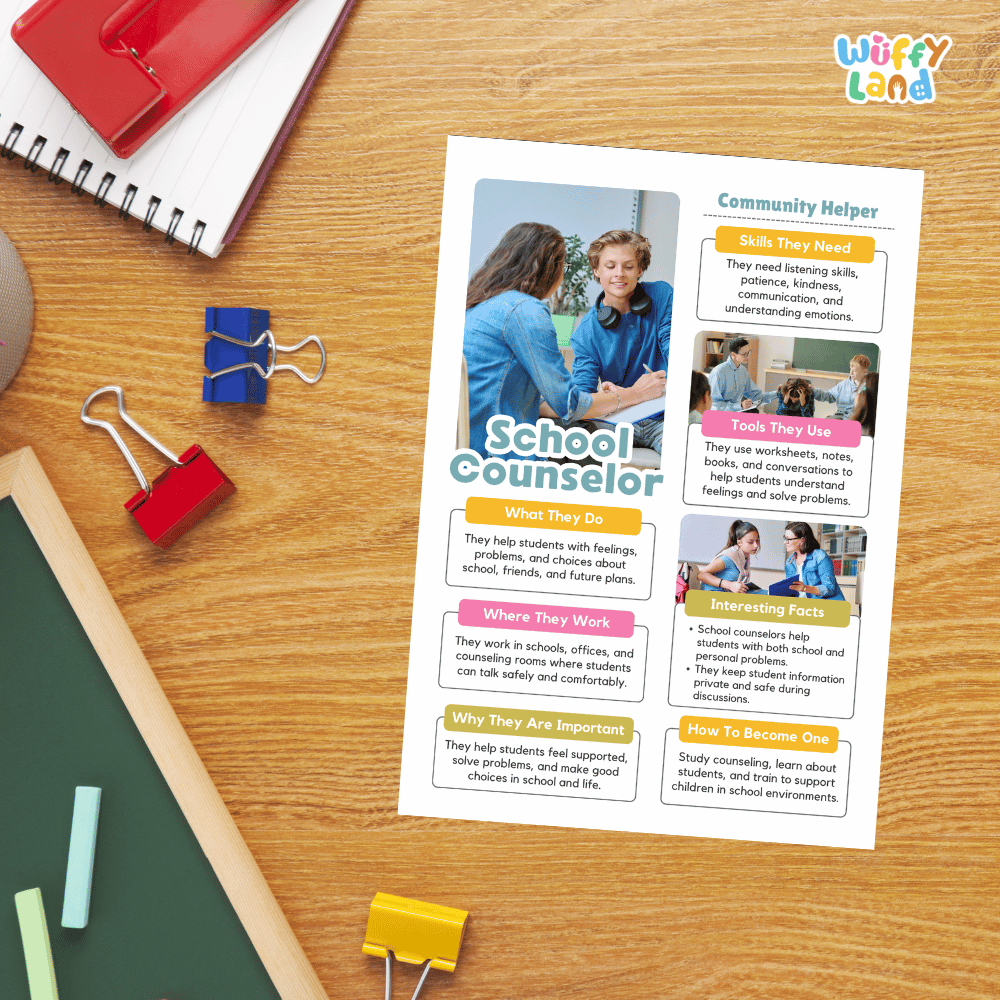 Guided student writing worksheets with lined sections for recording facts and a dedicated box for drawing or pasting a picture of a school counselor