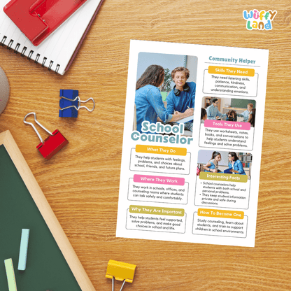 Guided student writing worksheets with lined sections for recording facts and a dedicated box for drawing or pasting a picture of a school counselor