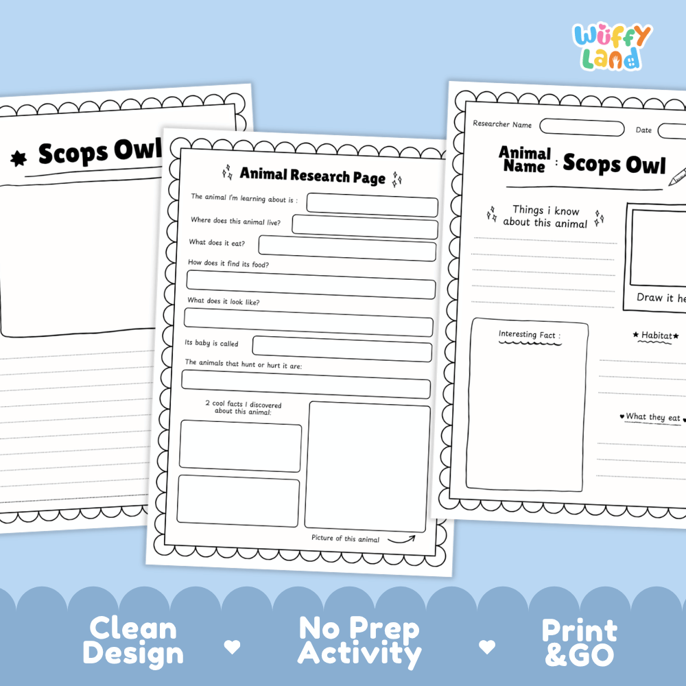 Scops Owl Animal Research Worksheets and Informational Fact Sheets