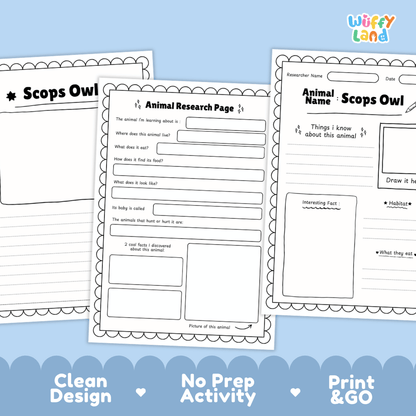 Scops Owl Animal Research Worksheets and Informational Fact Sheets